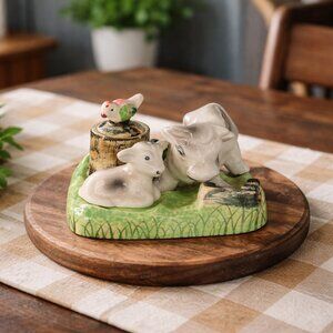Vintage Cow Salt and Pepper Shaker Set with Tray and Lidded Condiment Container